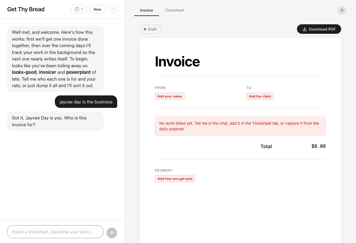 2 · "jaycee day is the business" is read as your own business: FROM Jaycee Day, and it asks who the invoice is for. On the fresh Mac this sentence became the client.