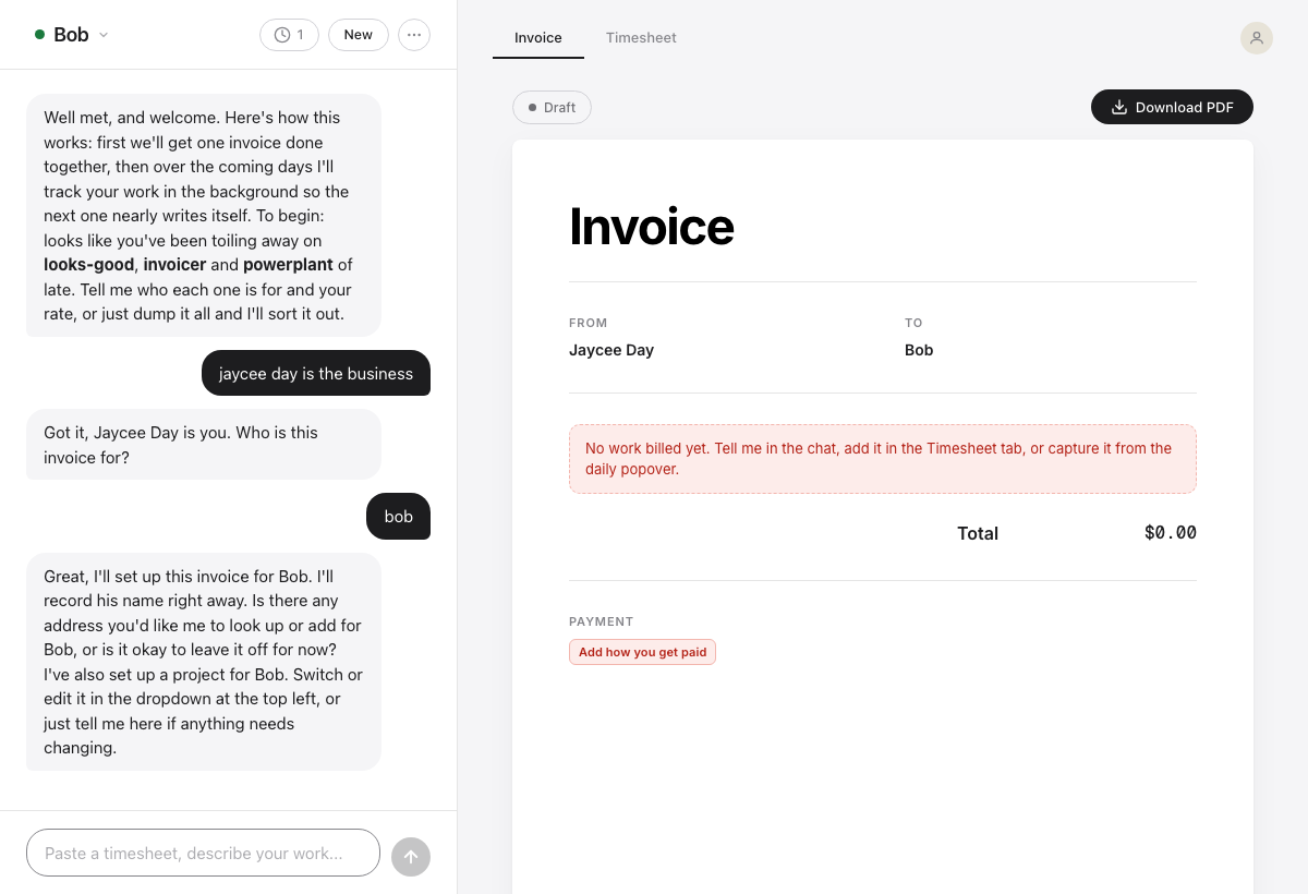 3 · "bob" creates the Bob project and puts Bob on the invoice, deterministically. The model asked about Bob's address in the same breath; the tracking question is the next step either way.