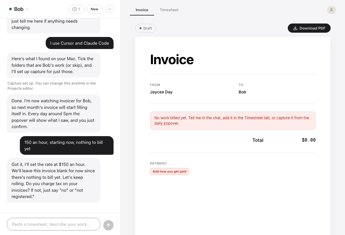 6 · Rate on file, nothing to bill yet: it explains the daily 5pm popover and does not ask for the rate again.